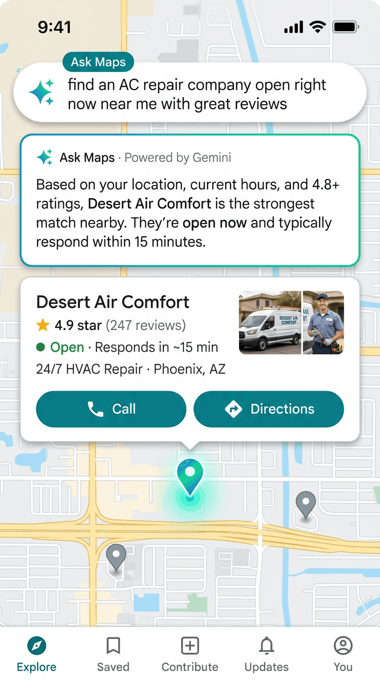 Google Maps Ask Maps interaction recommending an HVAC business in Phoenix, with a teal location pin and Call and Directions buttons