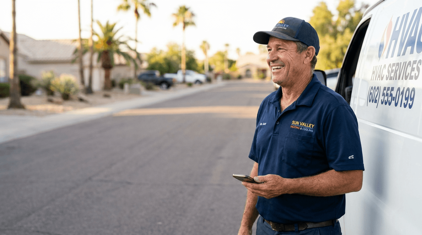 A local HVAC business owner standing by his service van, checking his phone on a sunny Phoenix street