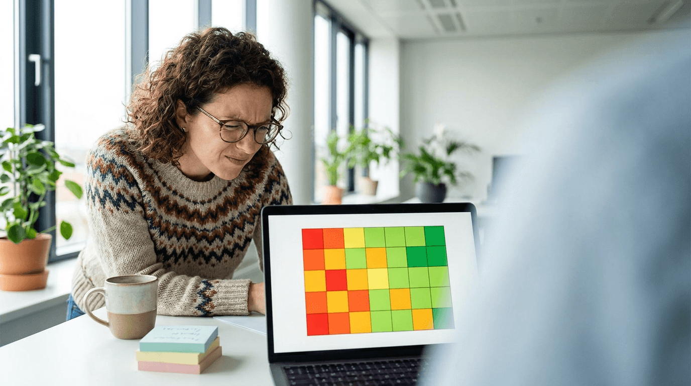A marketing specialist reviewing a colorful map-ranking grid heat-map on a laptop