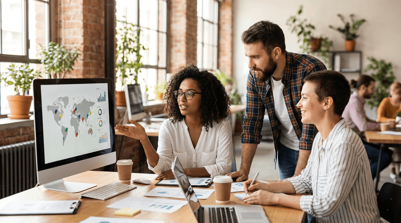 A small marketing team collaborating around a screen showing map ranking data